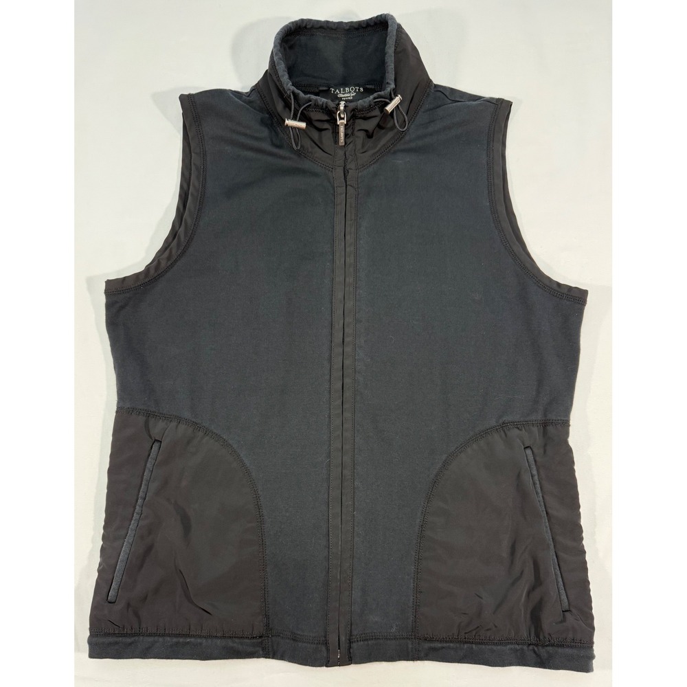 Talbots Petites Black Full Zip Fleece Lined Vest Mock Neck Drawstring Medium P